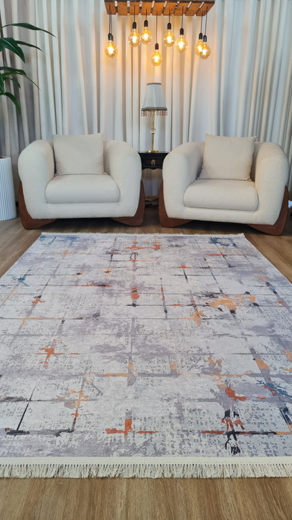 فرش مدرن طرح انتزاعی طوسی کرم با رگههای نارنجی و آبی