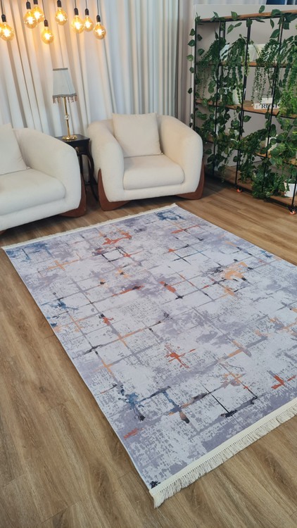 فرش مدرن طرح انتزاعی طوسی کرم با رگههای نارنجی و آبی