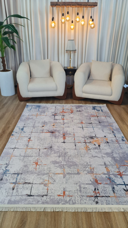 فرش مدرن طرح انتزاعی طوسی کرم با رگههای نارنجی و آبی