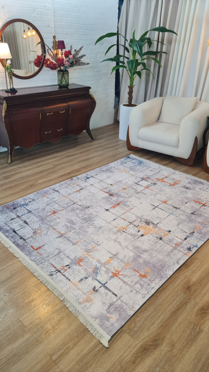 فرش مدرن طرح انتزاعی طوسی کرم با رگههای نارنجی و آبی